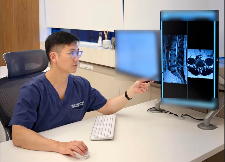 Dr. Michael Minsu Shu analisa imagens de ressonância magnética da coluna lombar no consultório